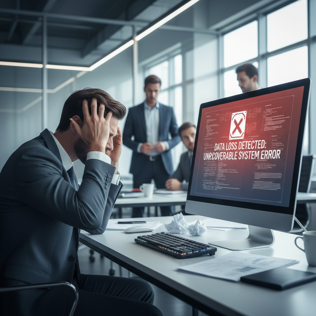 An employee looking stressed at their computer, symbolising the impact of data loss.