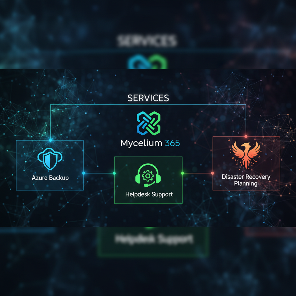 A graphic showing the Mycelium 365 logo and the various services offered, including Azure Backup, Helpdesk Support, and disaster recovery planning.