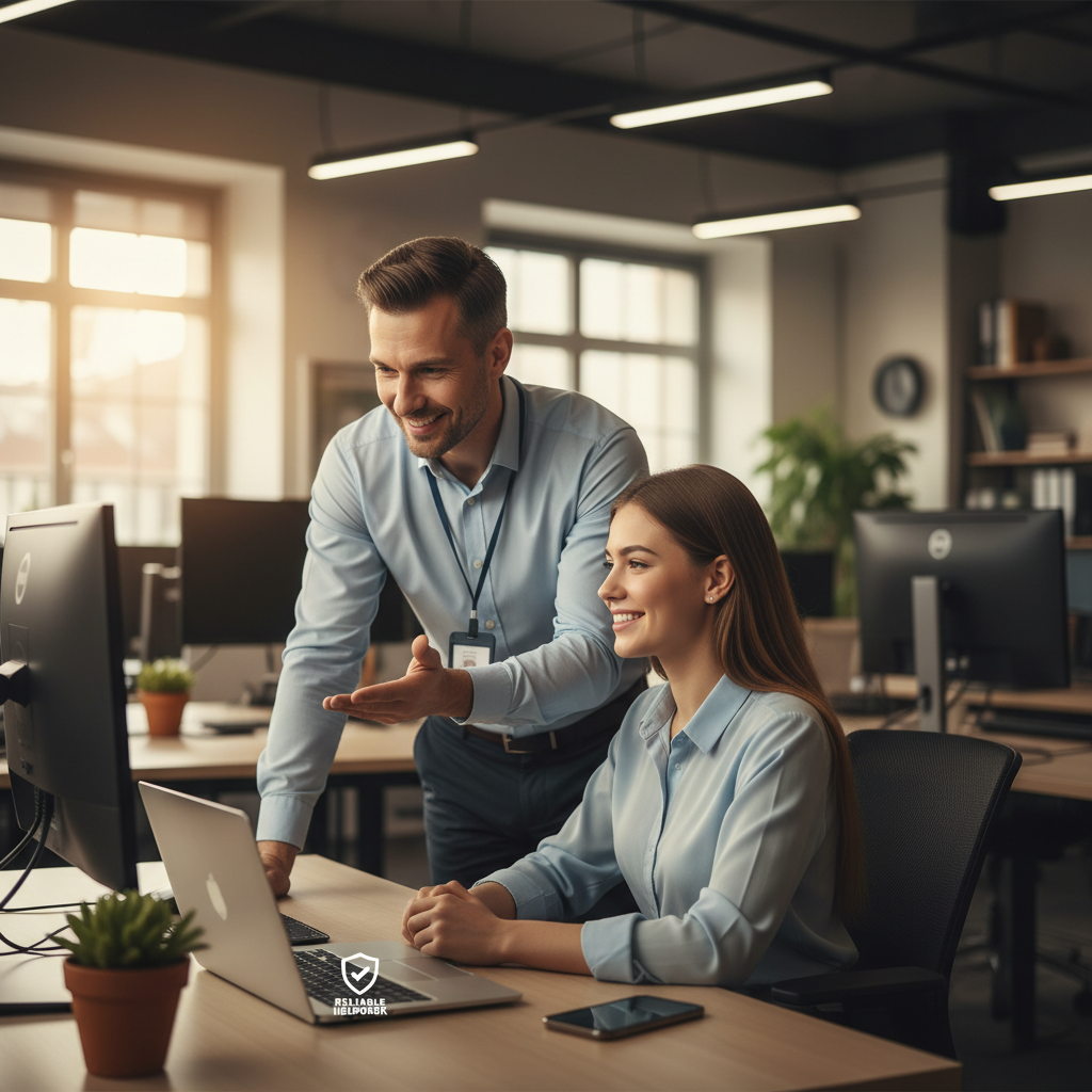 An image of a calm IT professional assisting a user, representing the peace of mind that comes with reliable helpdesk support.