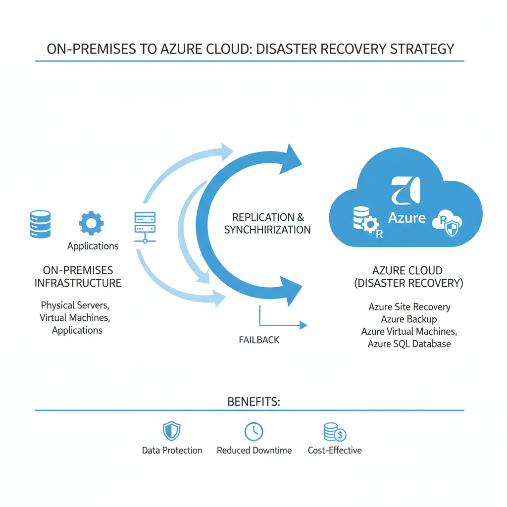 A diagram illustrating the process of migrating on-premises infrastructure to Azure cloud for disaster recovery.