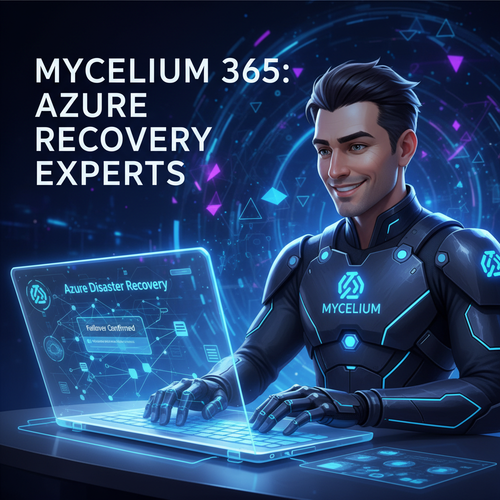 A Mycelium 365 consultant working on a laptop, showcasing expertise in Azure Disaster Recovery.