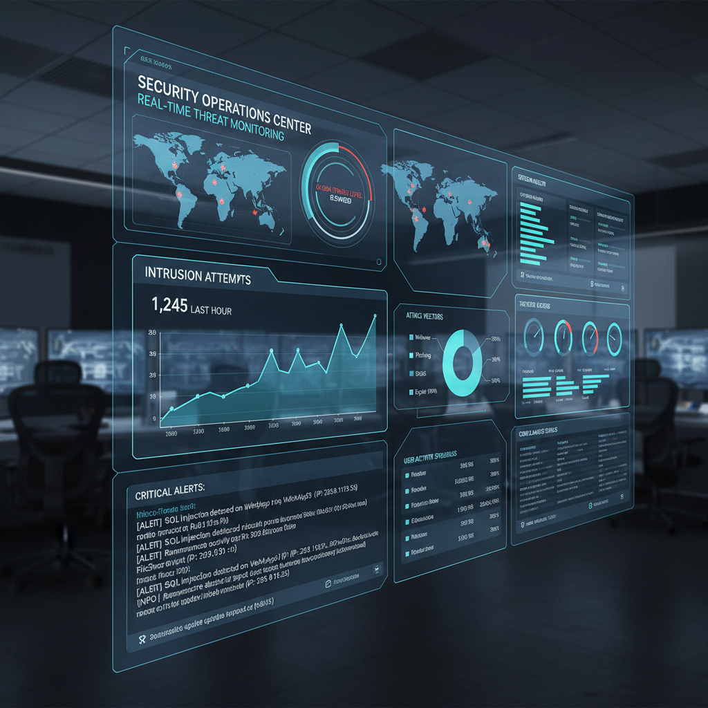 A security operations centre dashboard displaying various security alerts and system health metrics.