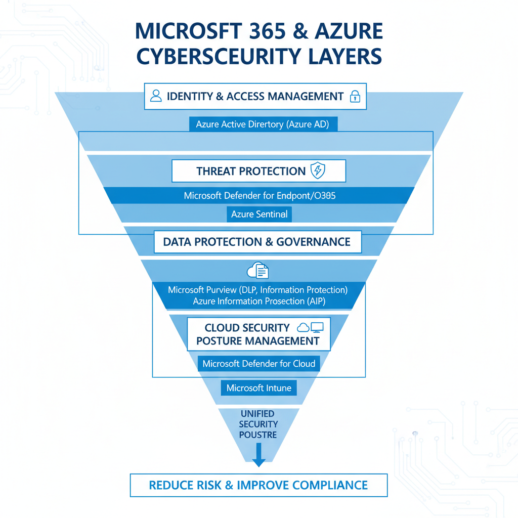 A diagram showing the various layers of cybersecurity protection provided by Microsoft 365 and Azure, including threat detection, data loss prevention, and identity management.