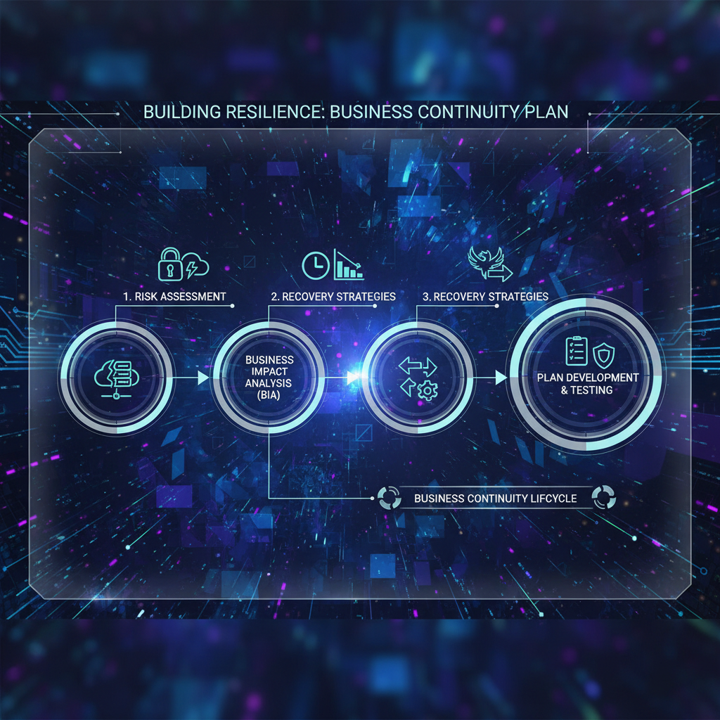 An infographic illustrating the steps involved in creating a business continuity plan, including risk assessment, business impact analysis, and recovery strategies.