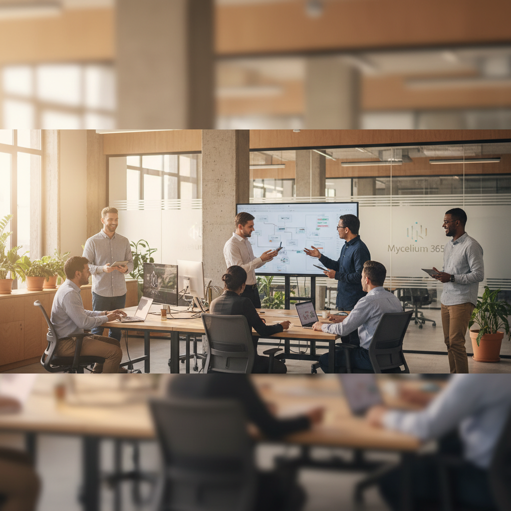 A picture of Mycelium 365 team members collaborating in a modern office environment, showcasing their expertise and dedication to providing IT solutions.