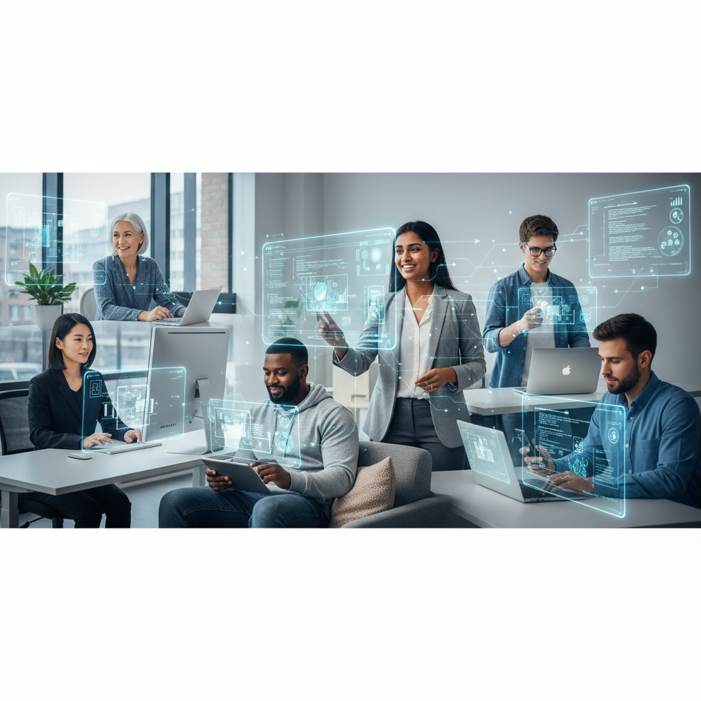 A diverse team collaborating seamlessly on virtual desktops, showcasing accessibility from various devices and locations.