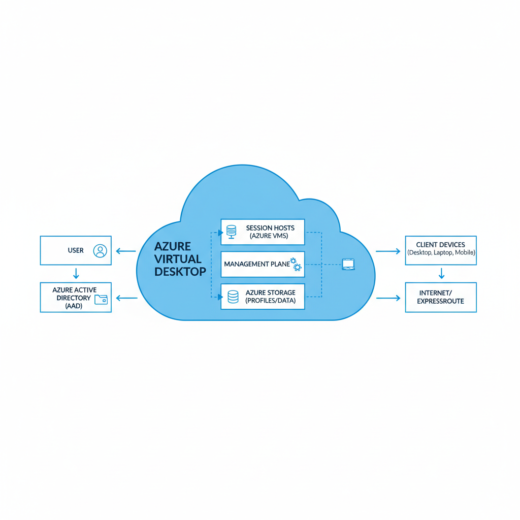 Diagram showing the Azure Virtual Desktop architecture, highlighting the key components like Azure Active Directory, Azure VMs, and Azure Storage.