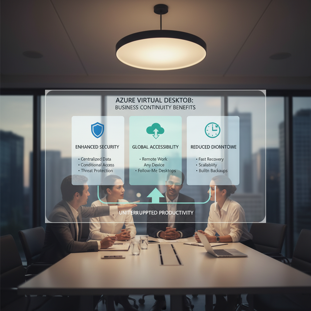 Infographic summarizing the key benefits of using Azure Virtual Desktop for business continuity, including enhanced security, accessibility, and reduced downtime.