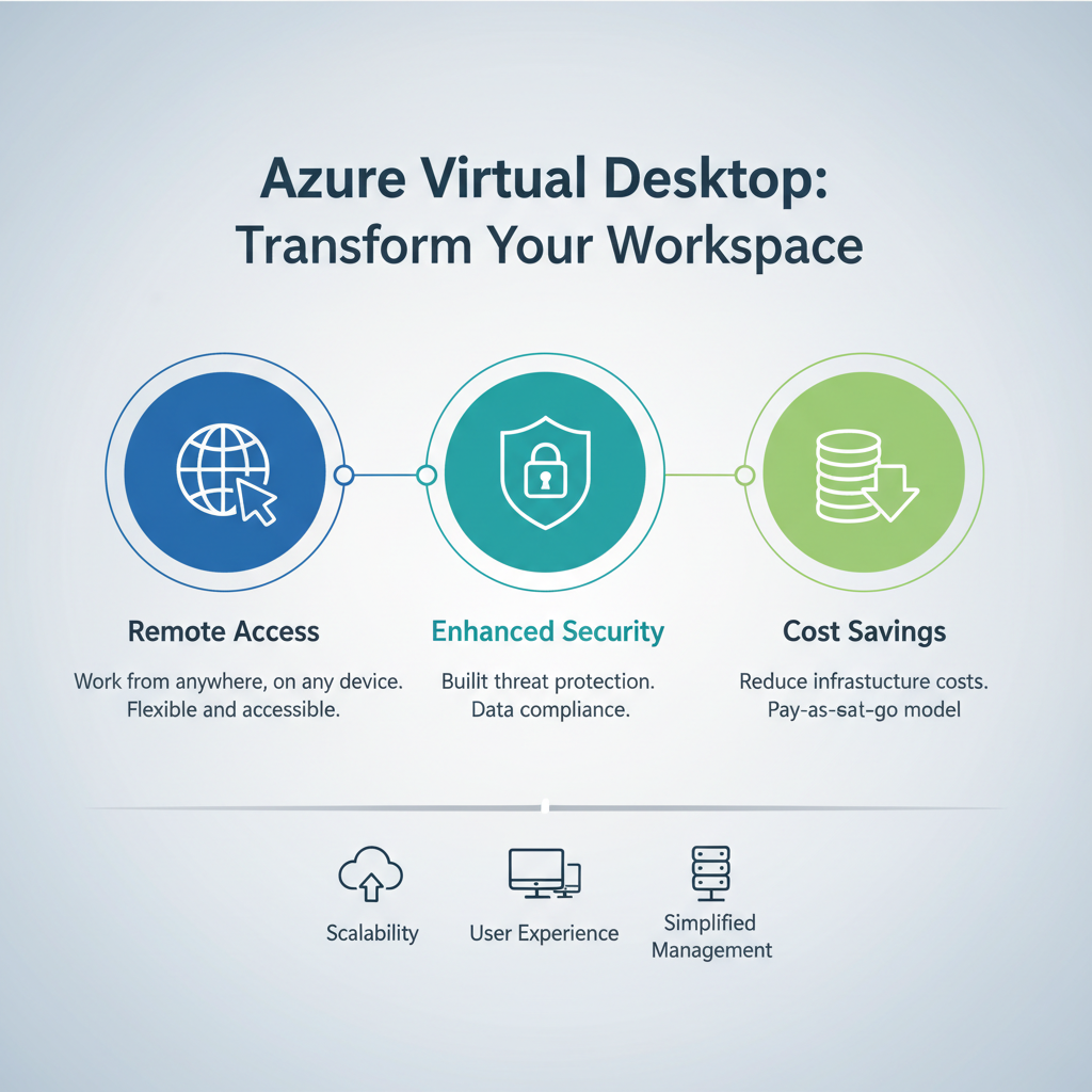 An infographic illustrating the benefits of Azure Virtual Desktop, including remote access, security, and cost savings.