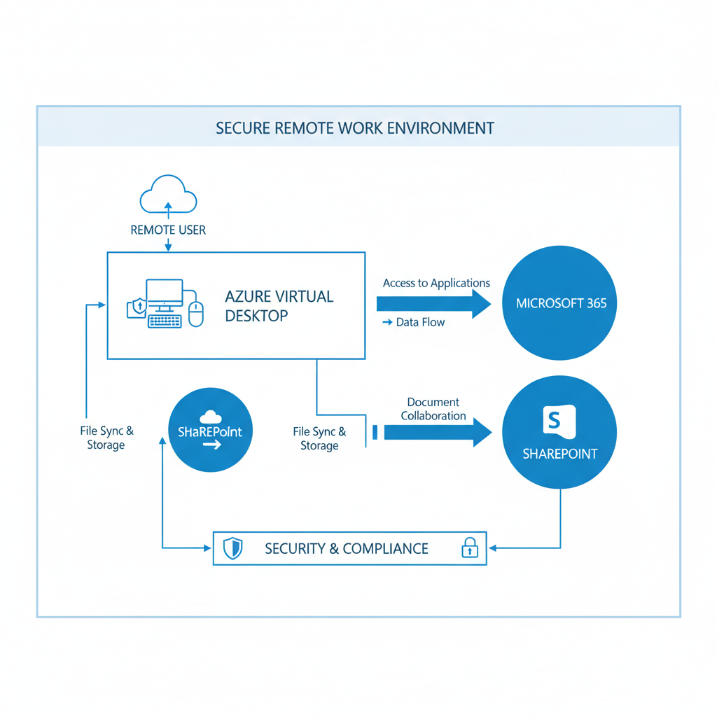 A diagram showing how Azure Virtual Desktop, Microsoft 365, and SharePoint work together to create a secure and productive remote work environment.