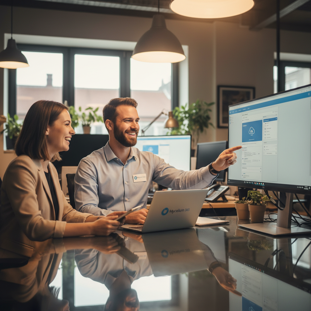 A professional photo of a Mycelium 365 IT consultant helping a client set up their Azure Virtual Desktop environment.