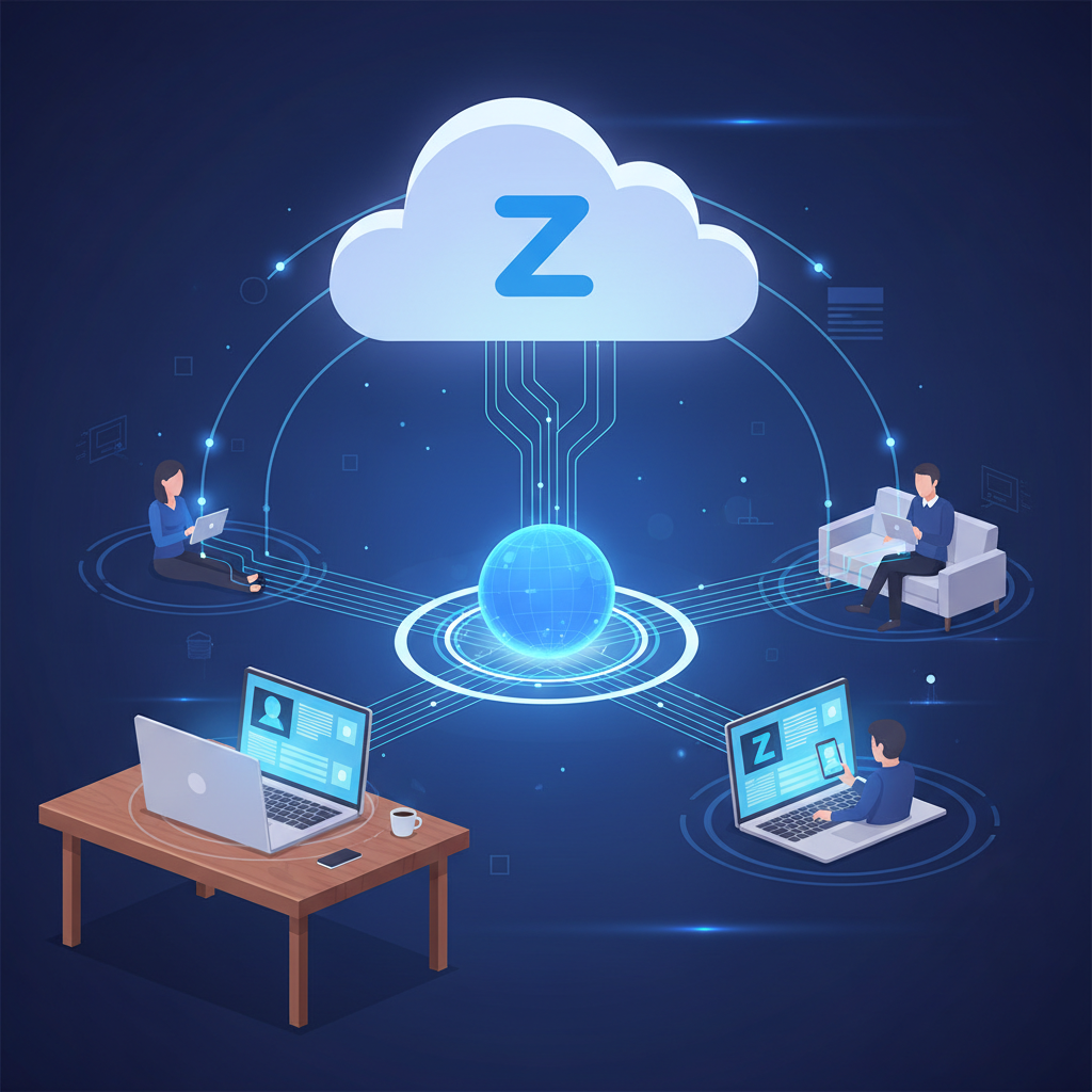 An illustration depicting users accessing virtual desktops from various devices like laptops, tablets, and smartphones, all connected to the Azure cloud. The Azure logo is prominently displayed in the background.