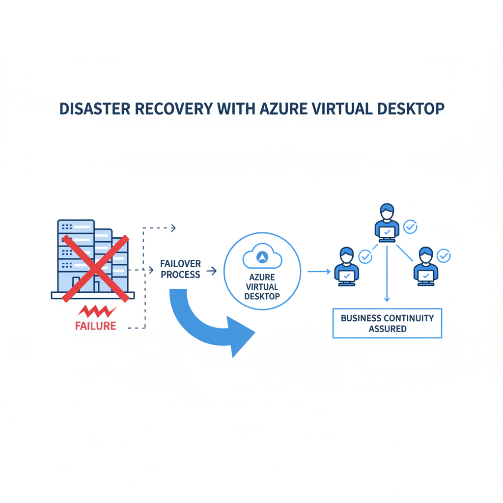 A diagram illustrating the disaster recovery process with Azure Virtual Desktop. On the left, an on-premises data center is depicted experiencing a failure. On the right, users are seamlessly connecting to their virtual desktops hosted in Azure, ensuring business continuity. Arrows show the failover process from on-premises to Azure.