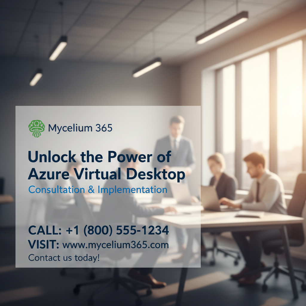 A call-to-action banner with the Mycelium 365 logo, encouraging readers to contact the company for a consultation on Azure Virtual Desktop implementation. A phone number and website address are prominently displayed.