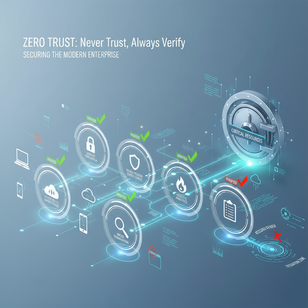 A visual representation of the Zero Trust security model, showing the principle of "never trust, always verify" with various security checks happening before granting access to resources.