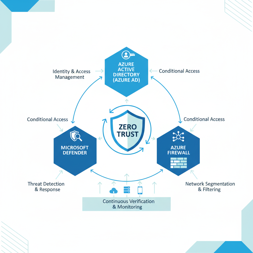 Diagram illustrating how different Azure security services like Azure AD, Microsoft Defender, and Azure Firewall work together to create a Zero Trust security architecture.