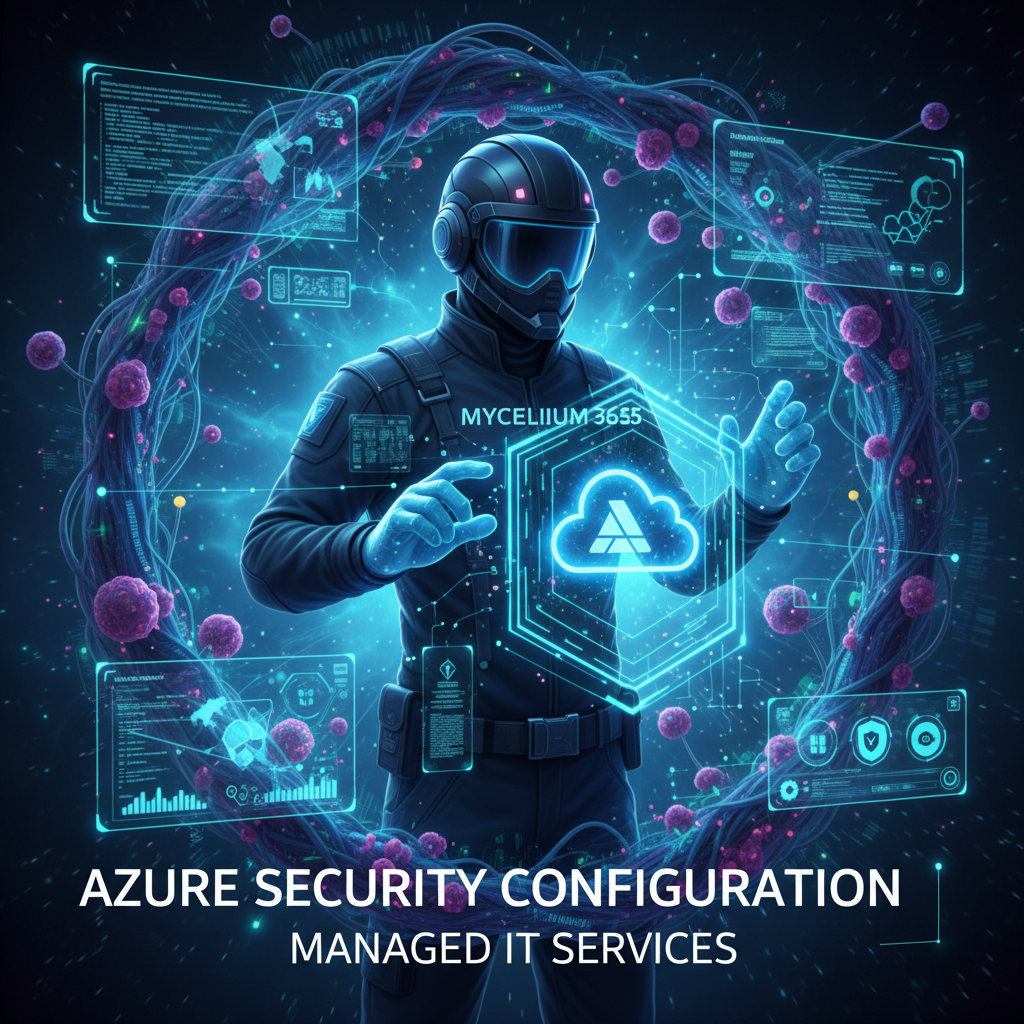 A Mycelium 365 technician working on an Azure security configuration, highlighting the expertise and support offered by managed IT services.