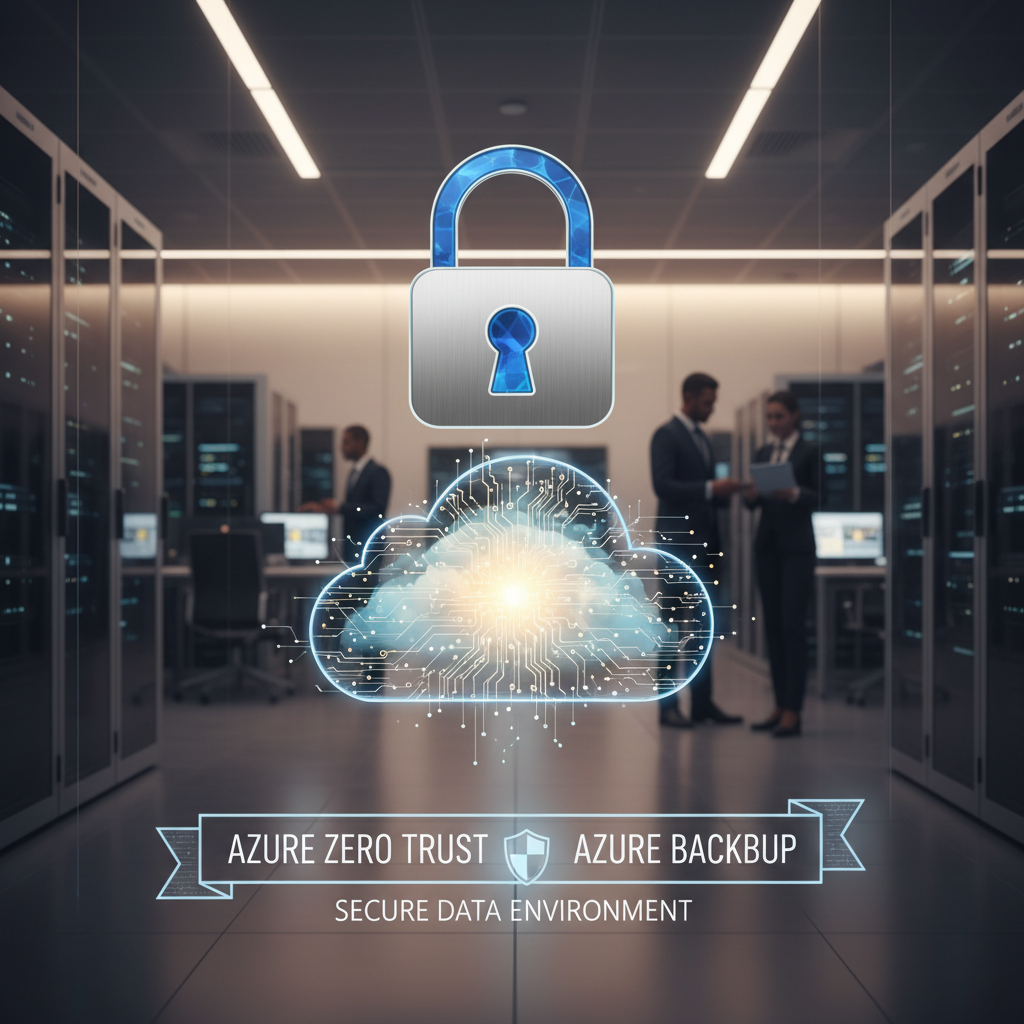 A final image showing a padlock icon over a cloud, symbolizing the secure environment created by Azure, Zero Trust, and Azure Backup.