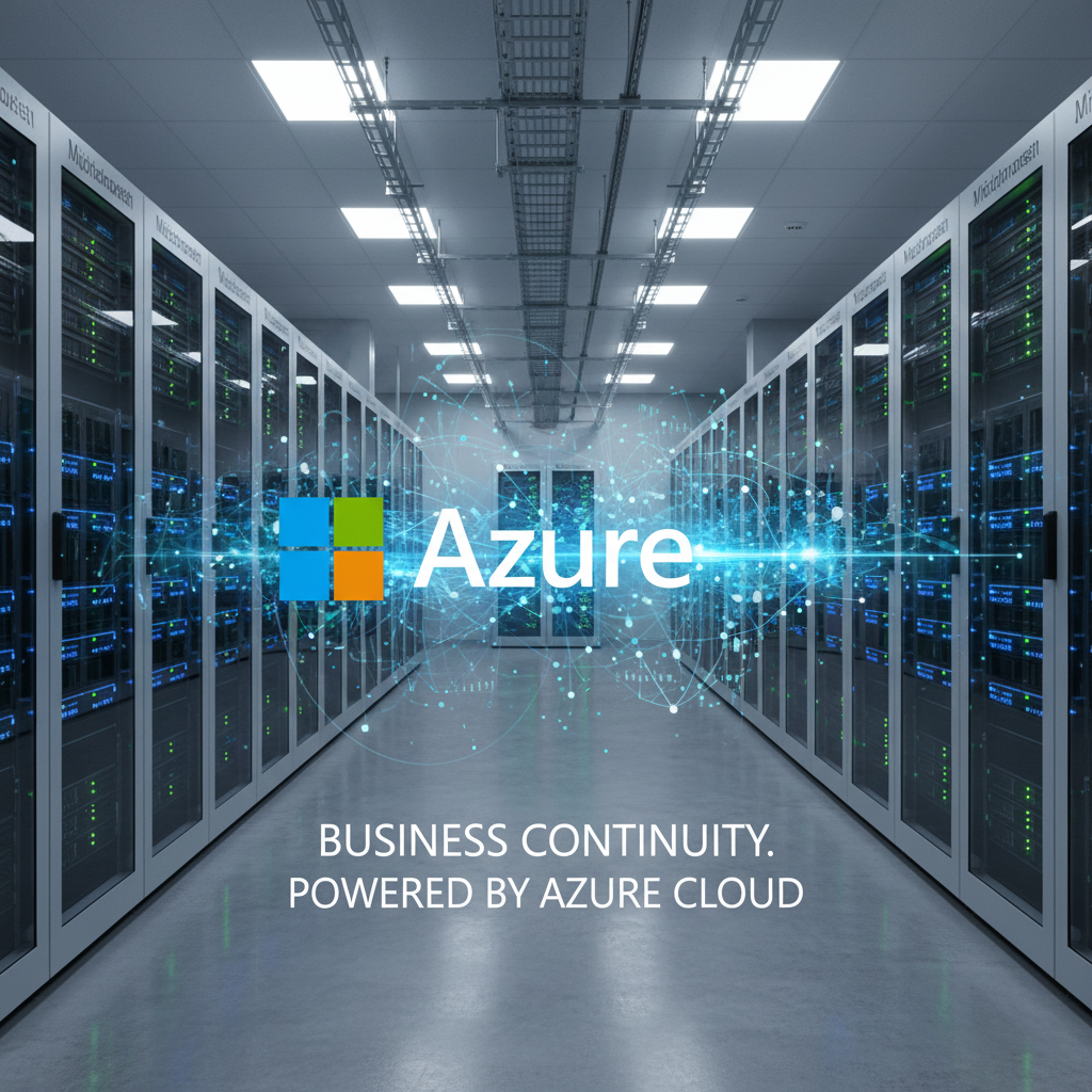 A server room with Azure logo overlayed, highlighting the transition to cloud-based solutions for business continuity.