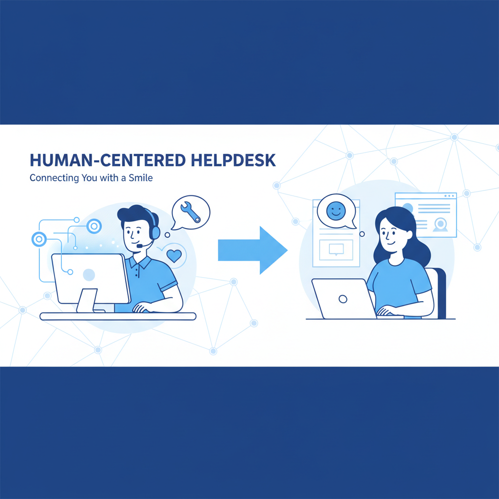 A friendly IT support specialist assisting a user remotely, emphasizing the human element of helpdesk support.