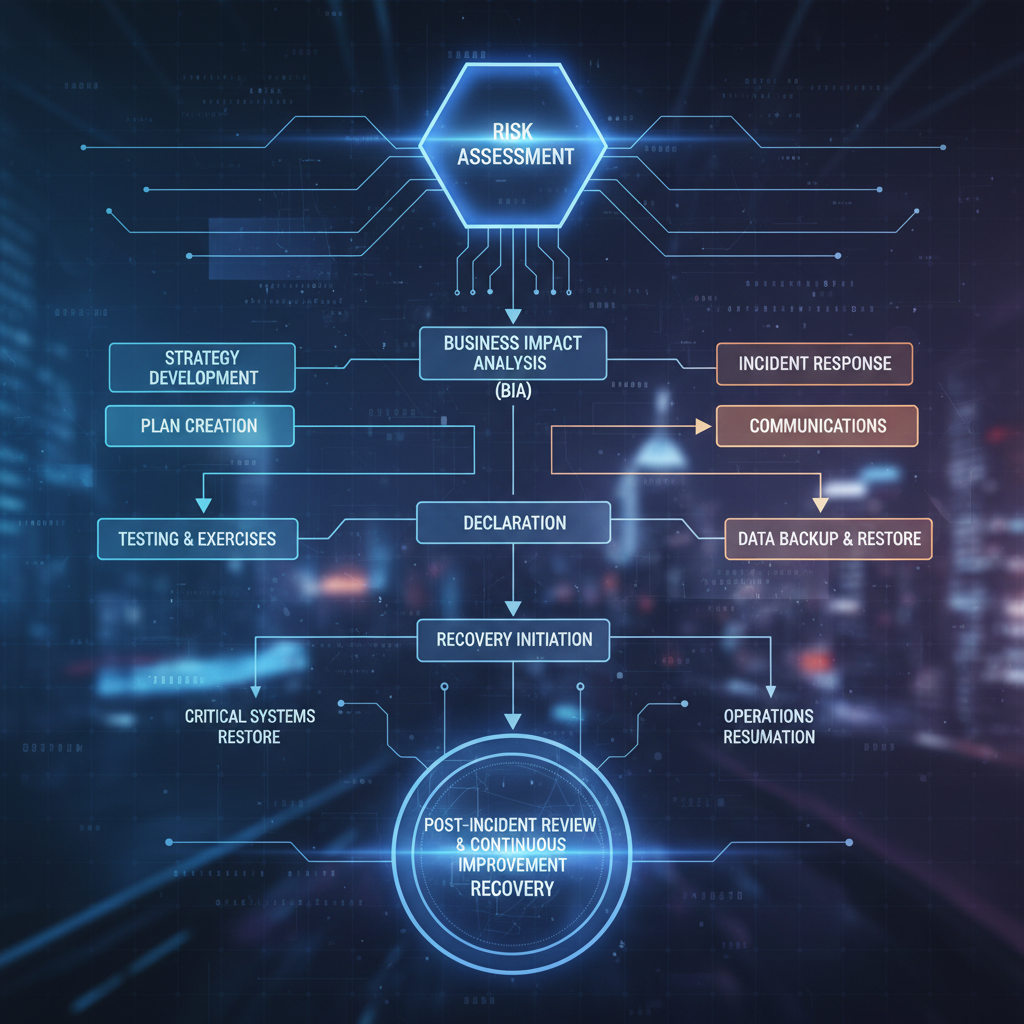 A flowchart illustrating the steps in a business continuity plan, from risk assessment to recovery.