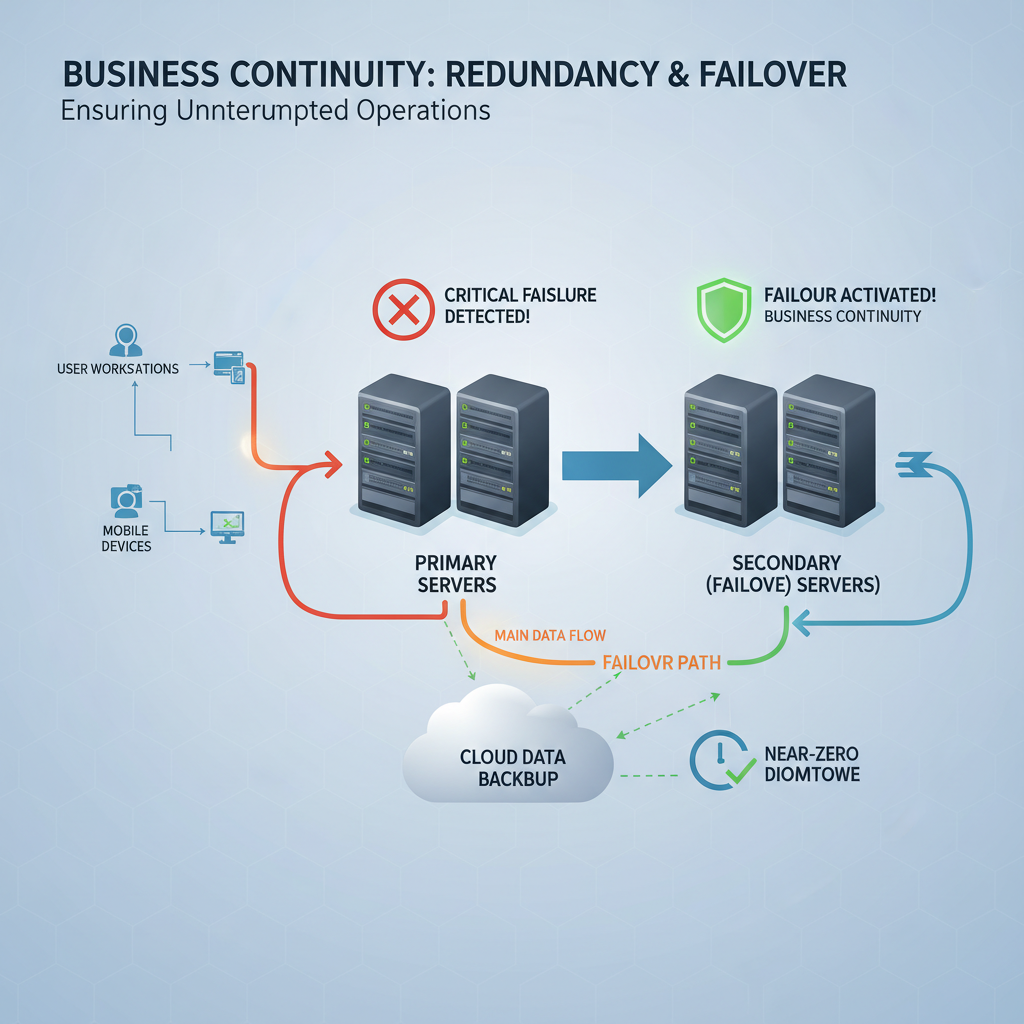 A network diagram illustrating redundant servers and data backups, highlighting the importance of failover mechanisms for business continuity.