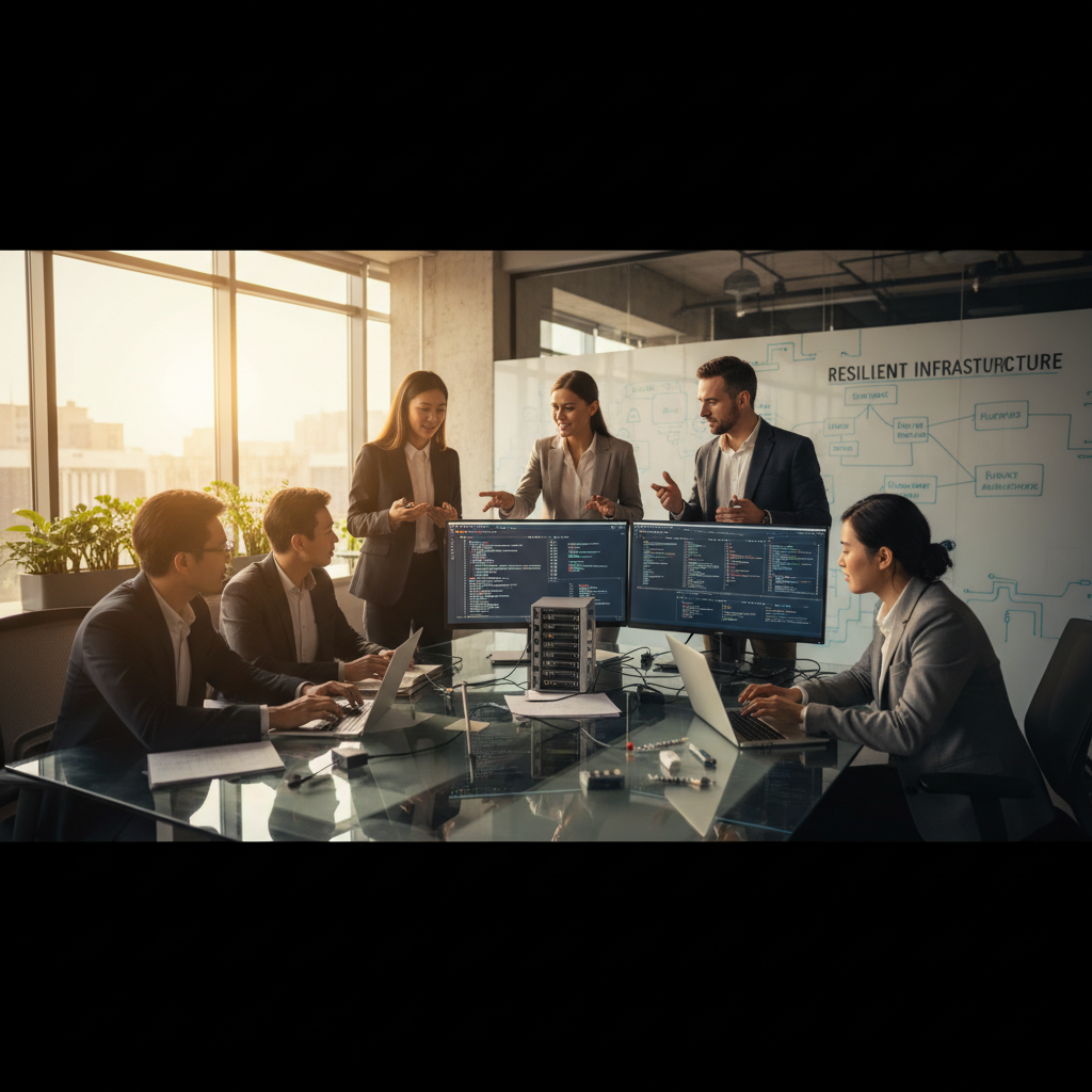 A diverse team of IT professionals collaborating in a modern office environment, symbolising the collaborative approach to building a resilient IT infrastructure.