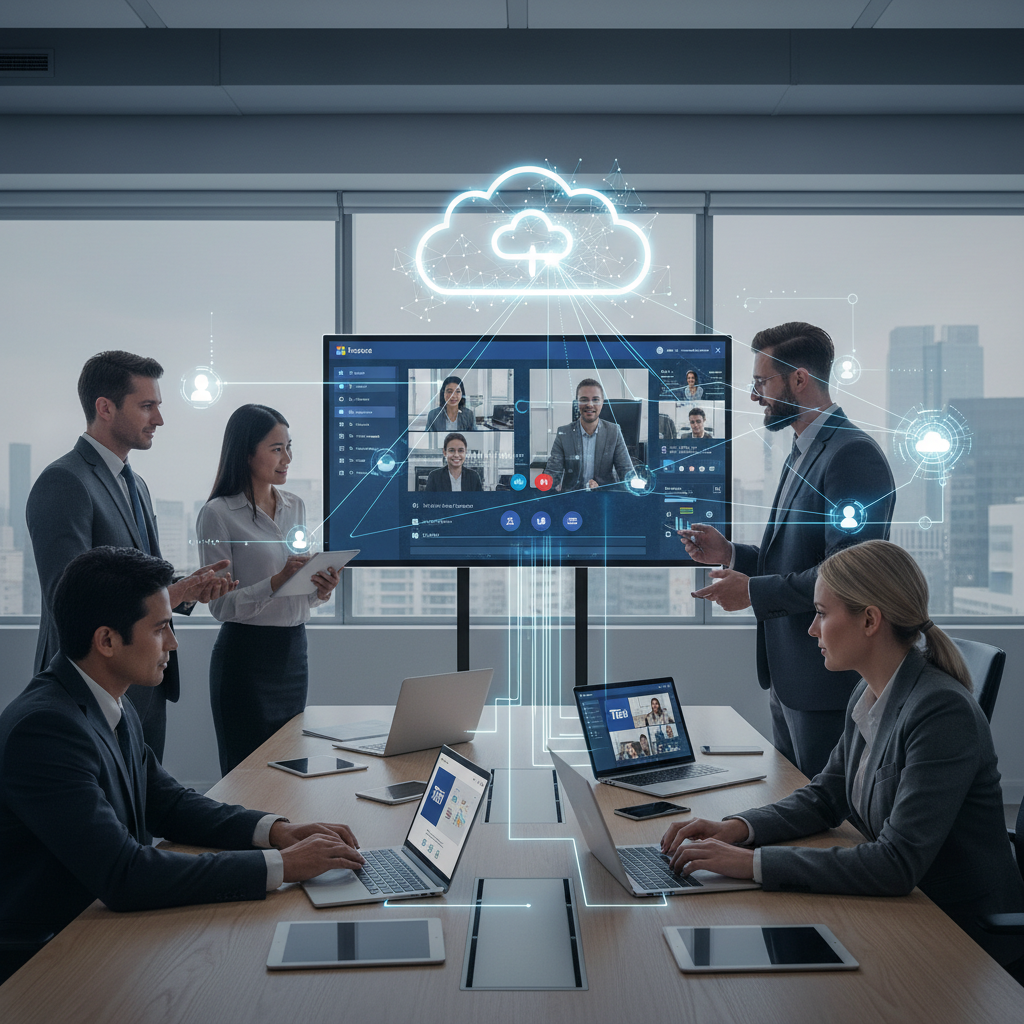 A business team collaborating on a project using Microsoft Teams on various devices, with a focus on cloud connectivity and seamless teamwork.