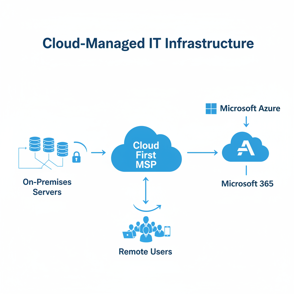 A network diagram illustrating the connection between on-premises servers, cloud services (Azure and Microsoft 365), and remote users, highlighting the role of a Cloud First MSP in managing the entire infrastructure.