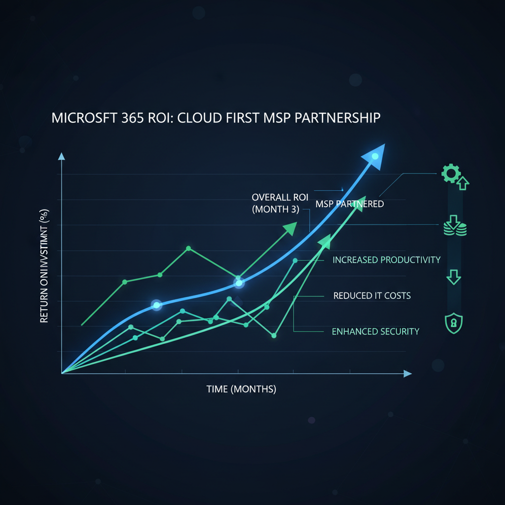 A graph illustrating the ROI (Return on Investment) of Microsoft 365 after partnering with a Cloud First MSP, showing increased productivity, reduced IT costs, and enhanced security.