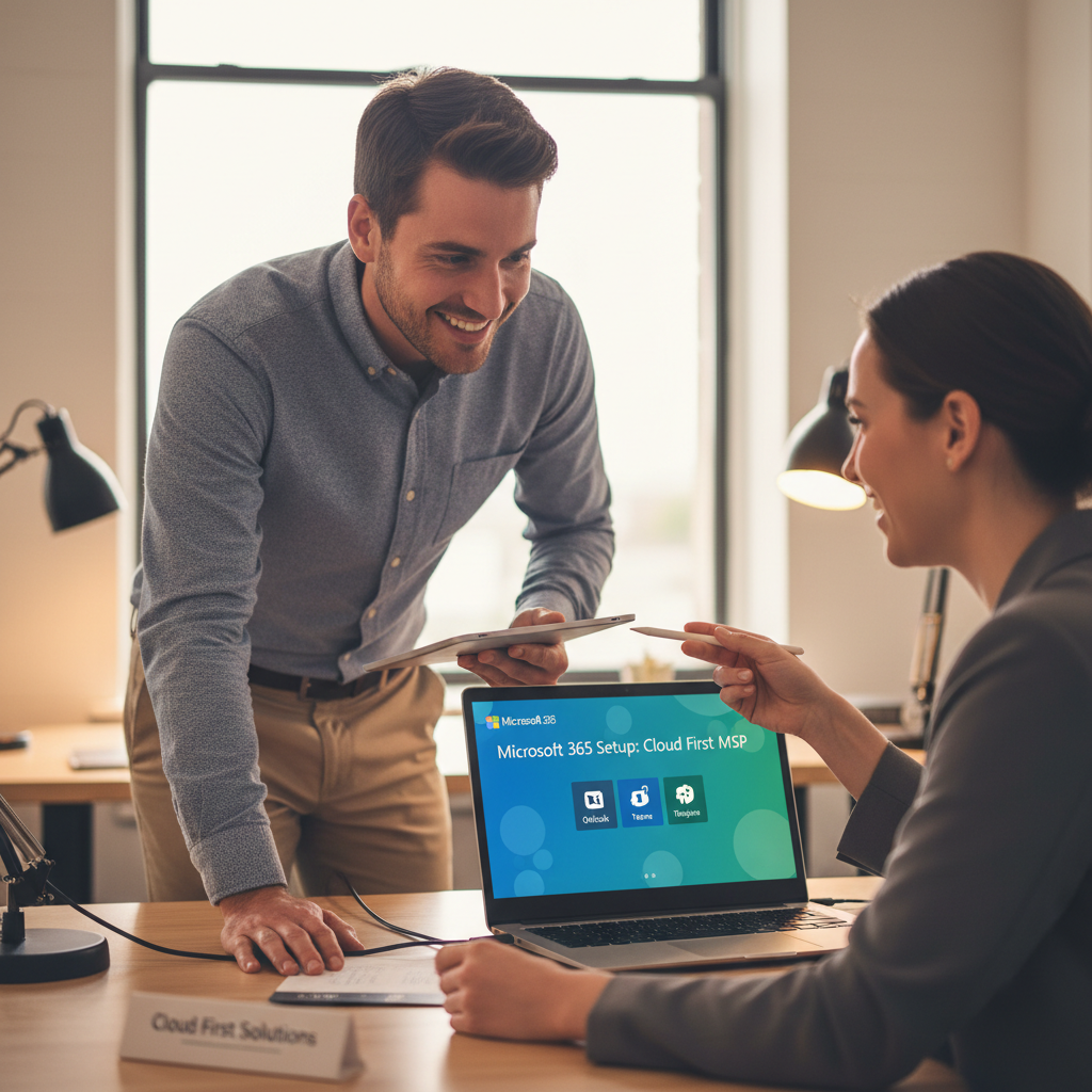 A smiling IT professional assisting a client with their Microsoft 365 setup, showcasing the human element of a Cloud First MSP.