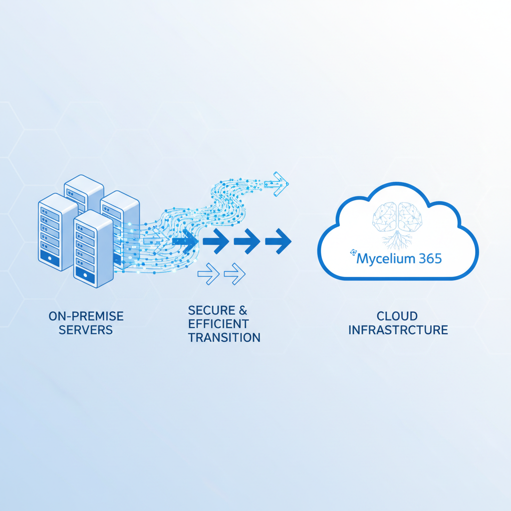 A visual representation of data flowing smoothly from on-premise servers into a cloud icon, with arrows indicating a secure and efficient transition. A Mycelium 365 logo is subtly integrated.