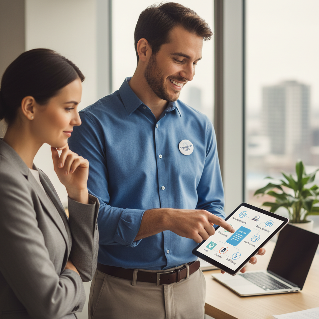 A professional, smiling Mycelium 365 IT consultant engaging with a business owner in a modern office, pointing to a tablet screen displaying cloud solution benefits.