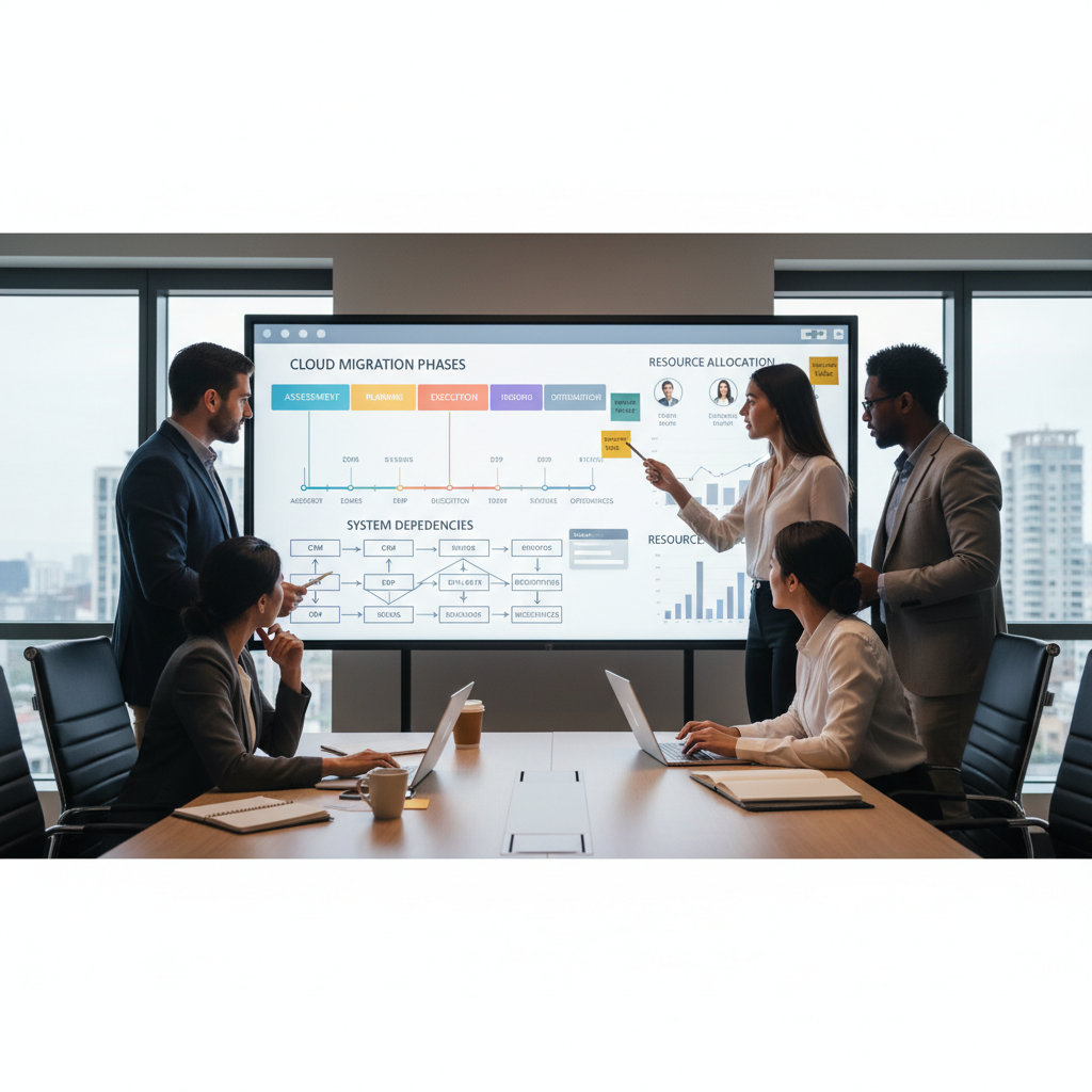 Team collaboratively planning a cloud migration strategy using a digital whiteboard, showcasing timelines, dependencies, and resource allocation.