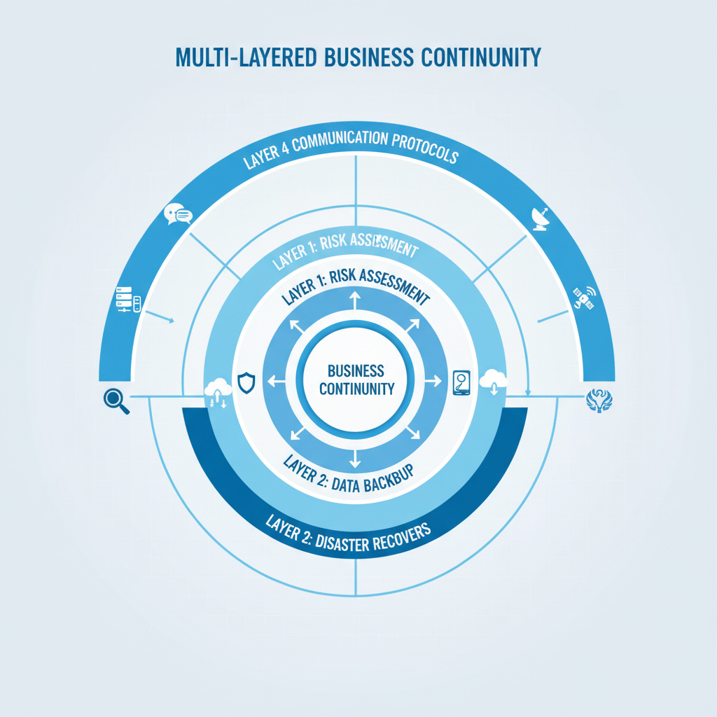Diagram showing a multi-layered approach to business continuity, including risk assessment, data backup, disaster recovery, and communication protocols.