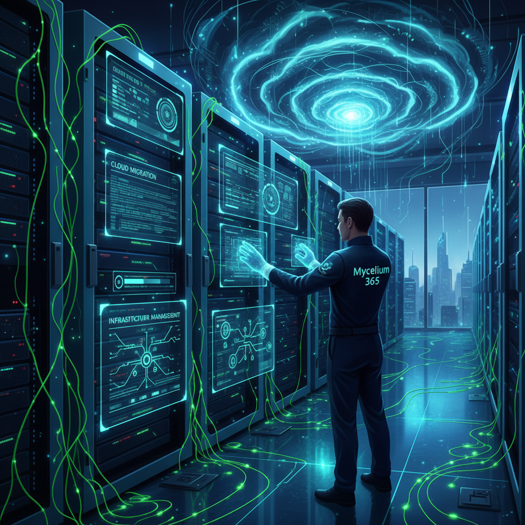 A Mycelium 365 technician working on a server rack in a data center, showcasing expertise in cloud infrastructure management and migration.