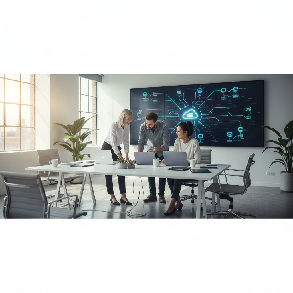 Office workers collaborating on laptops in a bright, modern office, with a screen displaying cloud infrastructure diagrams in the background. The atmosphere is collaborative and productive.