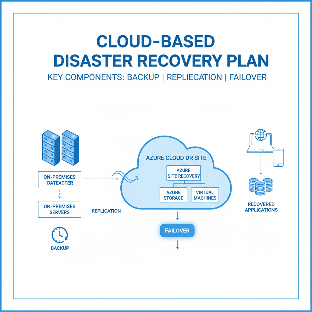 Diagram illustrating a cloud-based disaster recovery setup, with data being replicated from on-premises servers to Azure. The diagram highlights the key components of a DR plan, including backup, replication, and failover.