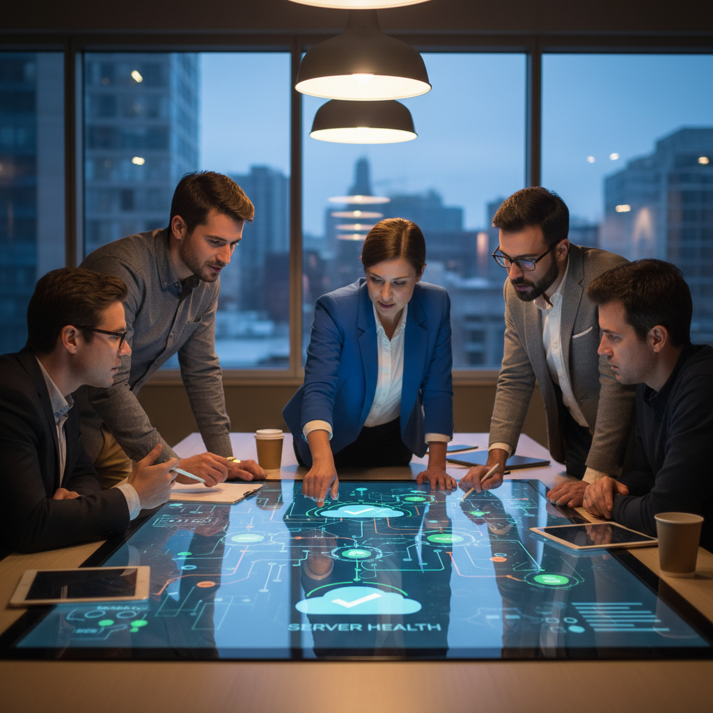A group of IT professionals collaborating around a large touchscreen displaying real-time cloud infrastructure monitoring data. The atmosphere is focused and collaborative, highlighting the importance of teamwork in cloud management.
