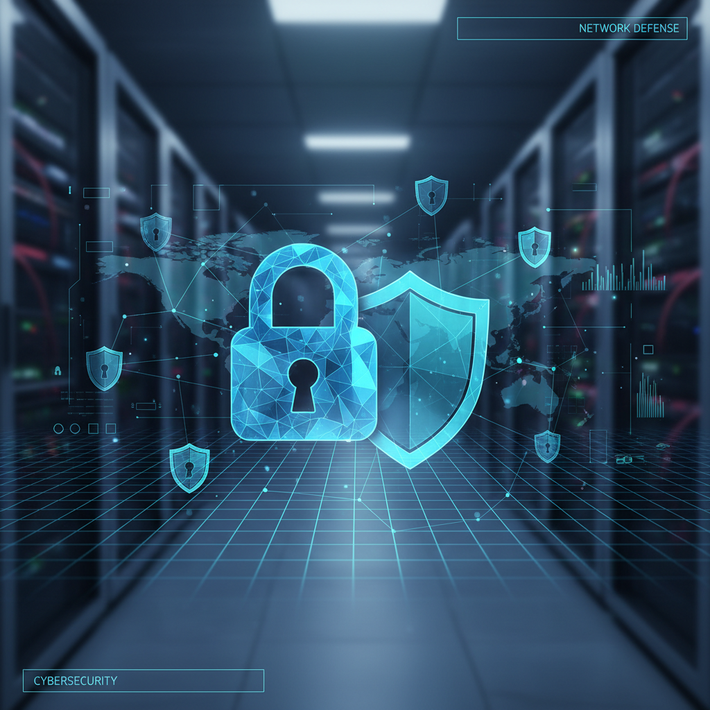 Network security concept with locked padlock and shield icons representing cybersecurity