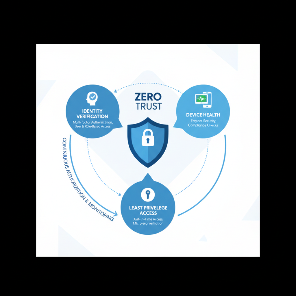 Diagram illustrating the principles of Zero Trust Security with elements like identity verification, device health, and least privilege access