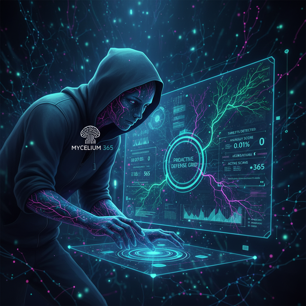 A Mycelium 365 cybersecurity expert analyzing a security dashboard, demonstrating proactive threat monitoring
