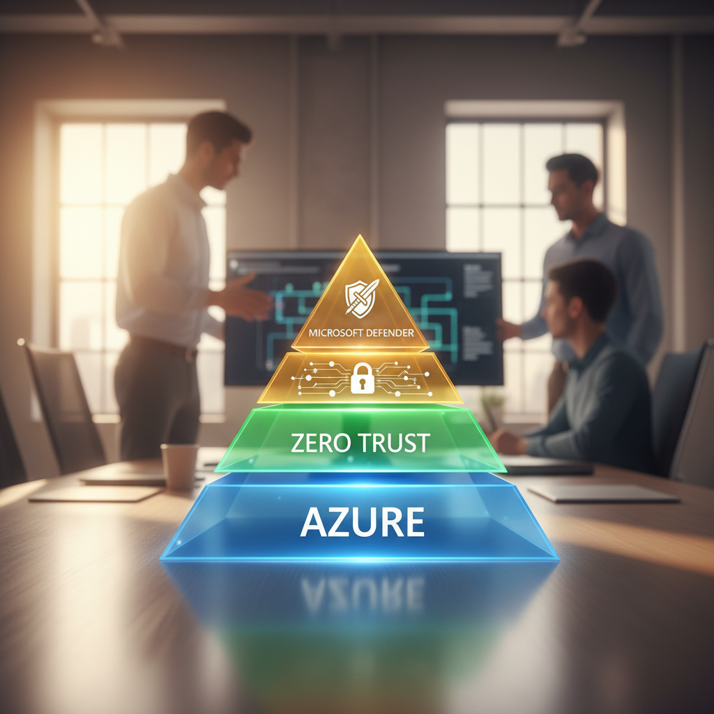 A visual representation of a layered security approach, showcasing the different levels of protection provided by Microsoft Defender, Zero Trust, and Azure