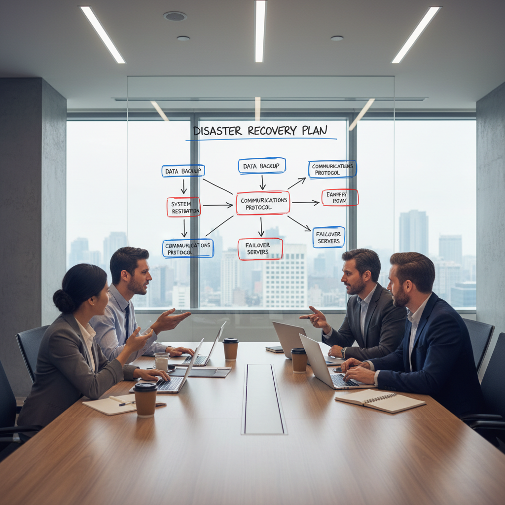 Office workers collaborating on laptops, with a whiteboard displaying a disaster recovery plan flowchart in the background. Emphasis on teamwork and preparation.