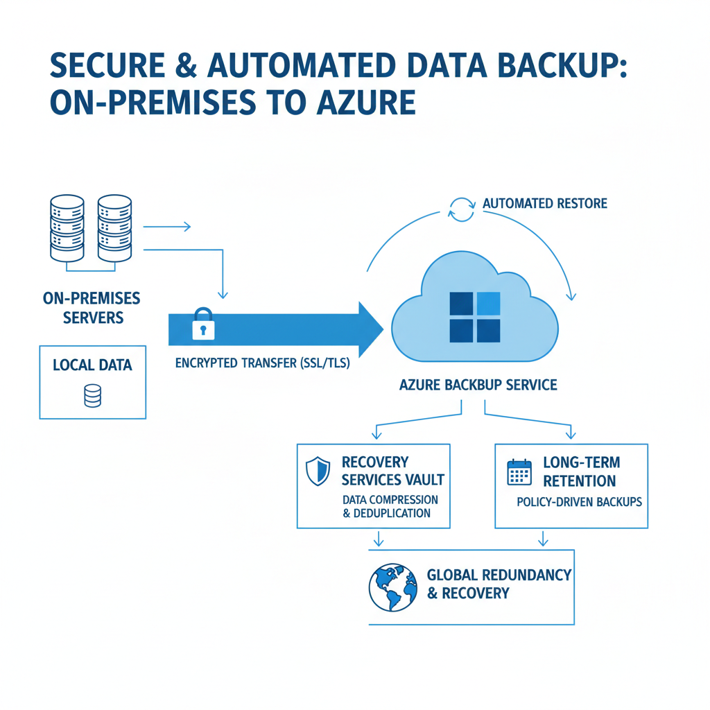 Diagram showing data flow from on-premises servers to Azure Backup, highlighting the secure and automated backup process.