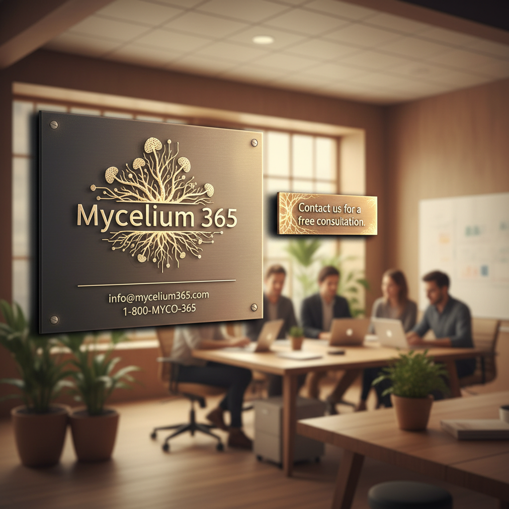 Mycelium 365 logo with contact information and a call to action: "Contact us for a free consultation."