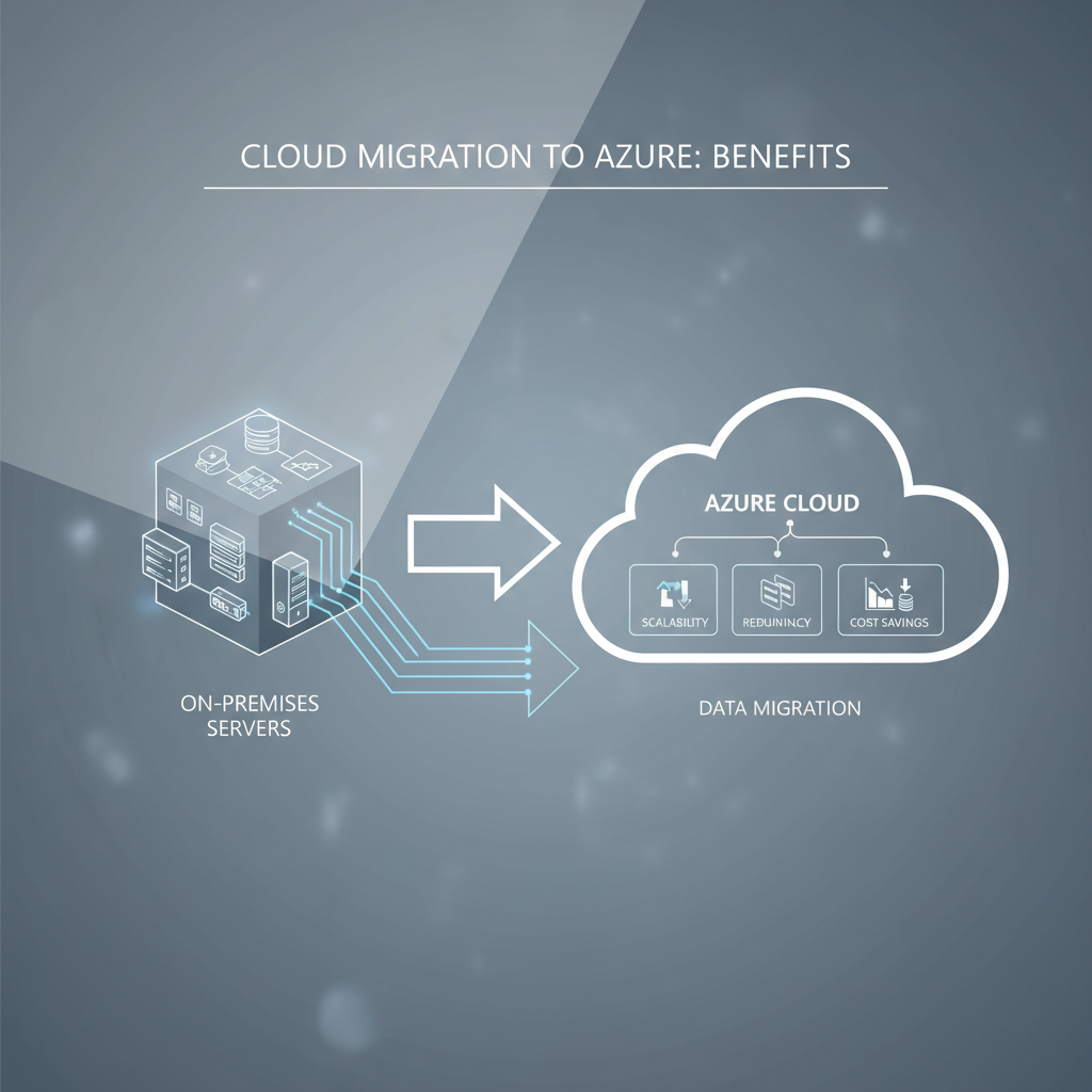 Diagram illustrating cloud migration, showing data flowing from on-premises servers to the Azure cloud, highlighting benefits such as scalability, redundancy, and cost savings.