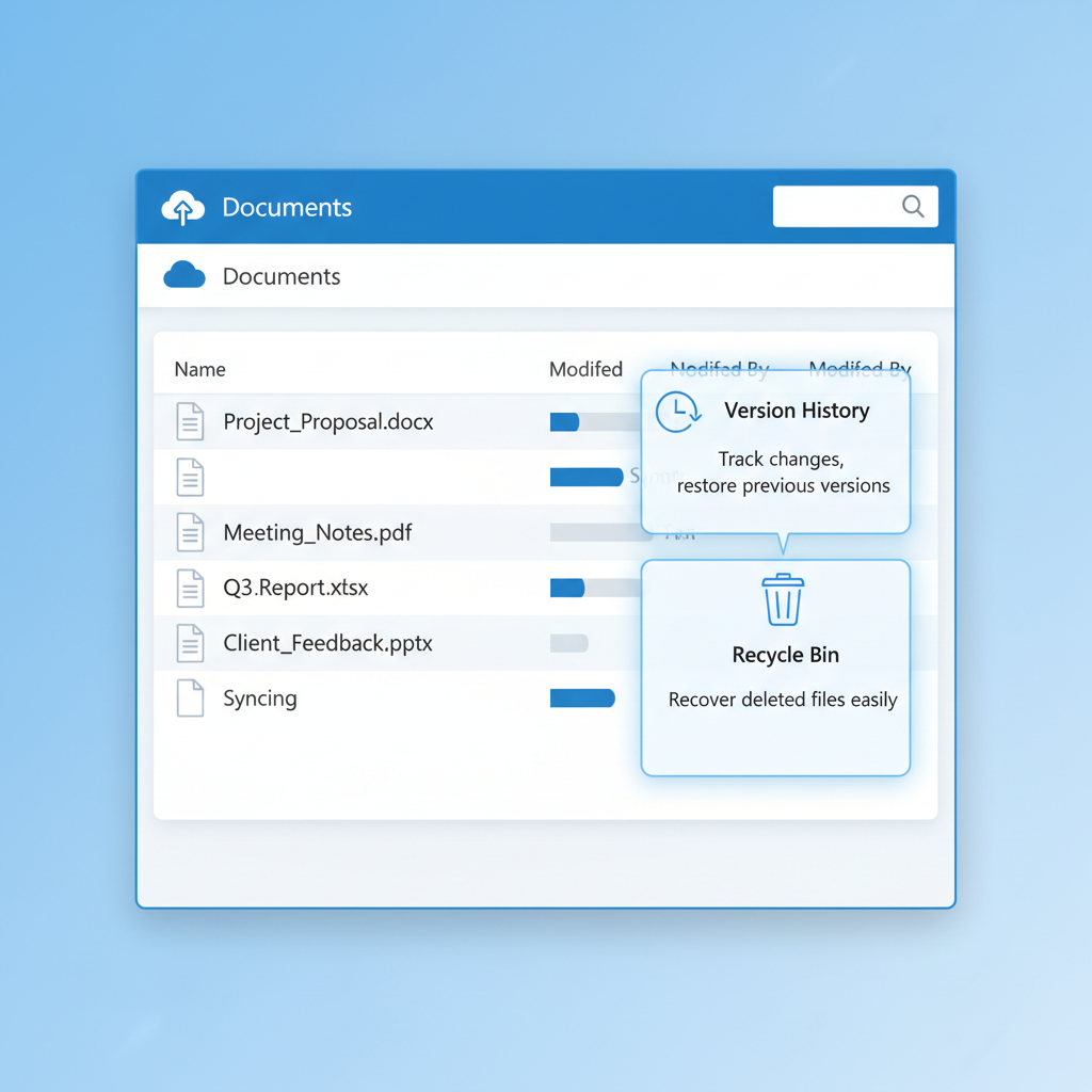 Screenshot of SharePoint Online document library, highlighting version history and recycle bin features.