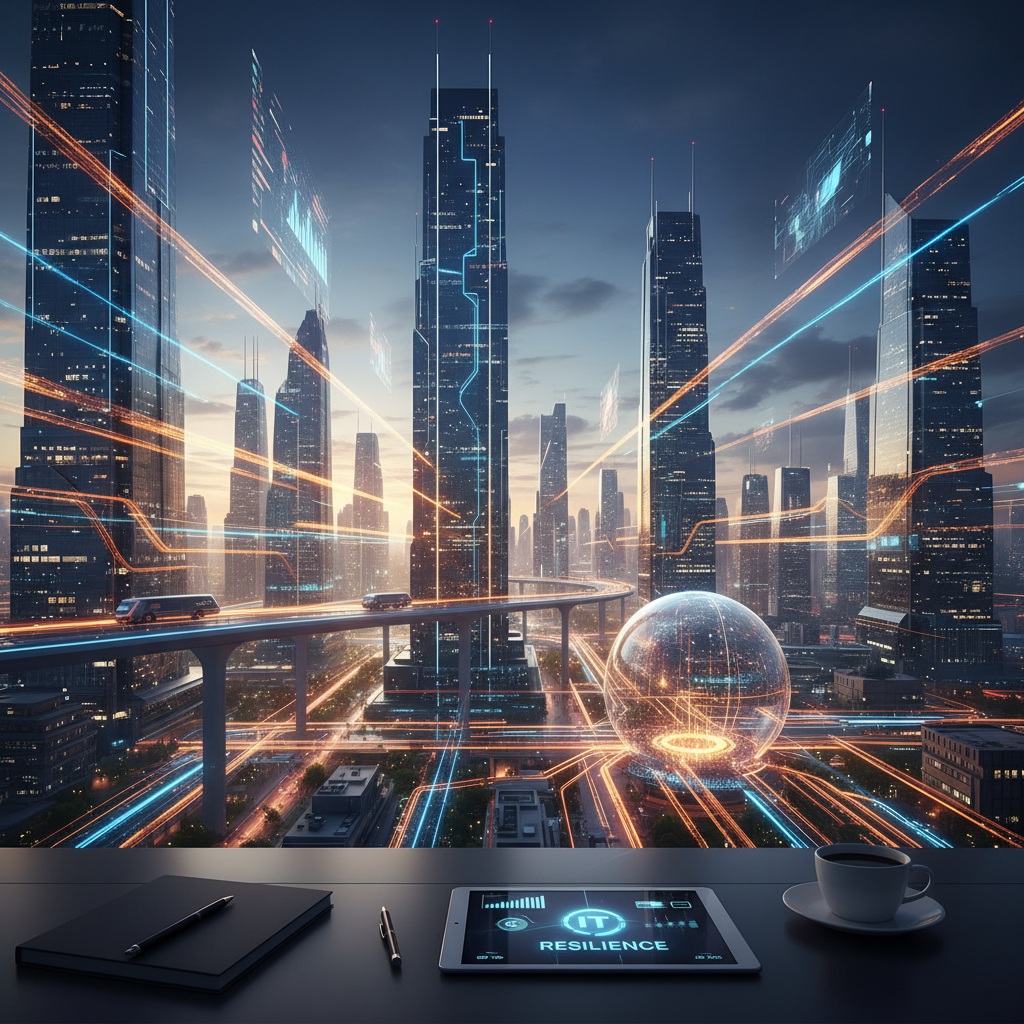 A futuristic cityscape with data streams flowing through it, representing a resilient and interconnected IT infrastructure.