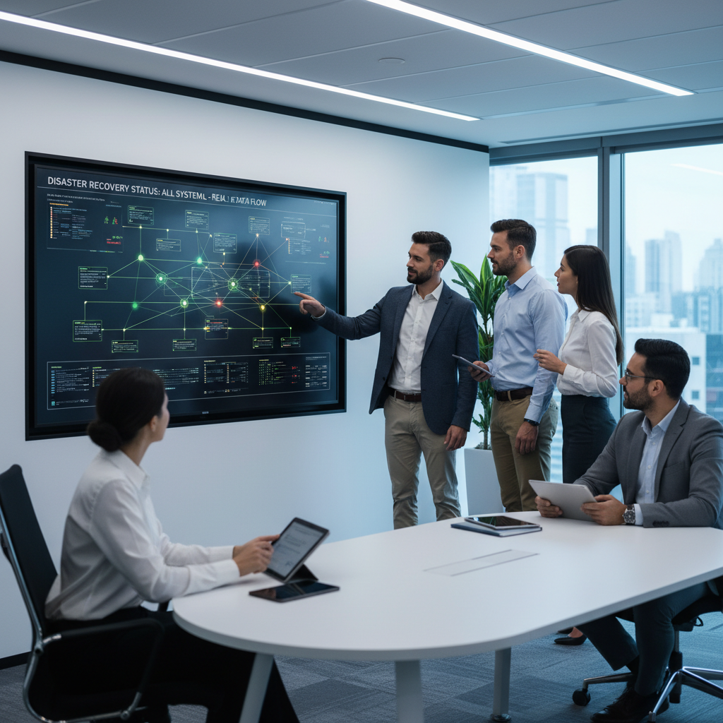 Office workers collaborating around a large screen displaying a network diagram with real-time status indicators. The atmosphere is focused yet calm, reflecting the effectiveness of a well-implemented disaster recovery plan.